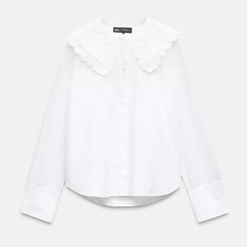NWT zara white poplin bib collar shirt